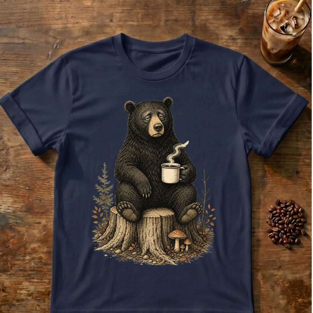 Bear coffee graphic for Sleepy Bear Coffee on navy T-shirt