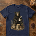 Bear coffee graphic for Sleepy Bear Coffee on navy T-shirt