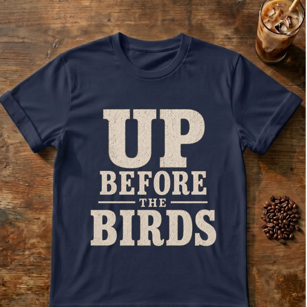 Coffee graphic for Up Before the Birds on navy T-shirt
