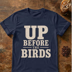 Coffee graphic for Up Before the Birds on navy T-shirt