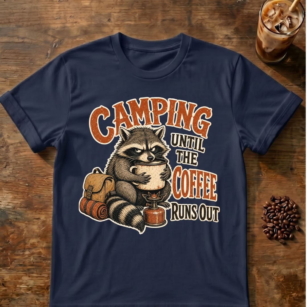 Raccoon coffee graphic for Camping Until on navy T-shirt