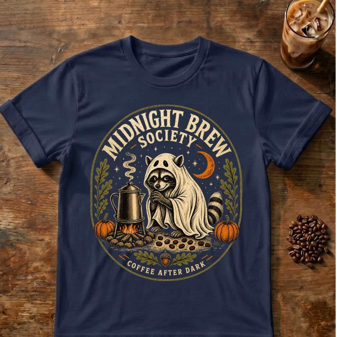 Raccoon coffee graphic for Midnight Brew Society Raccoon on navy T-shirt