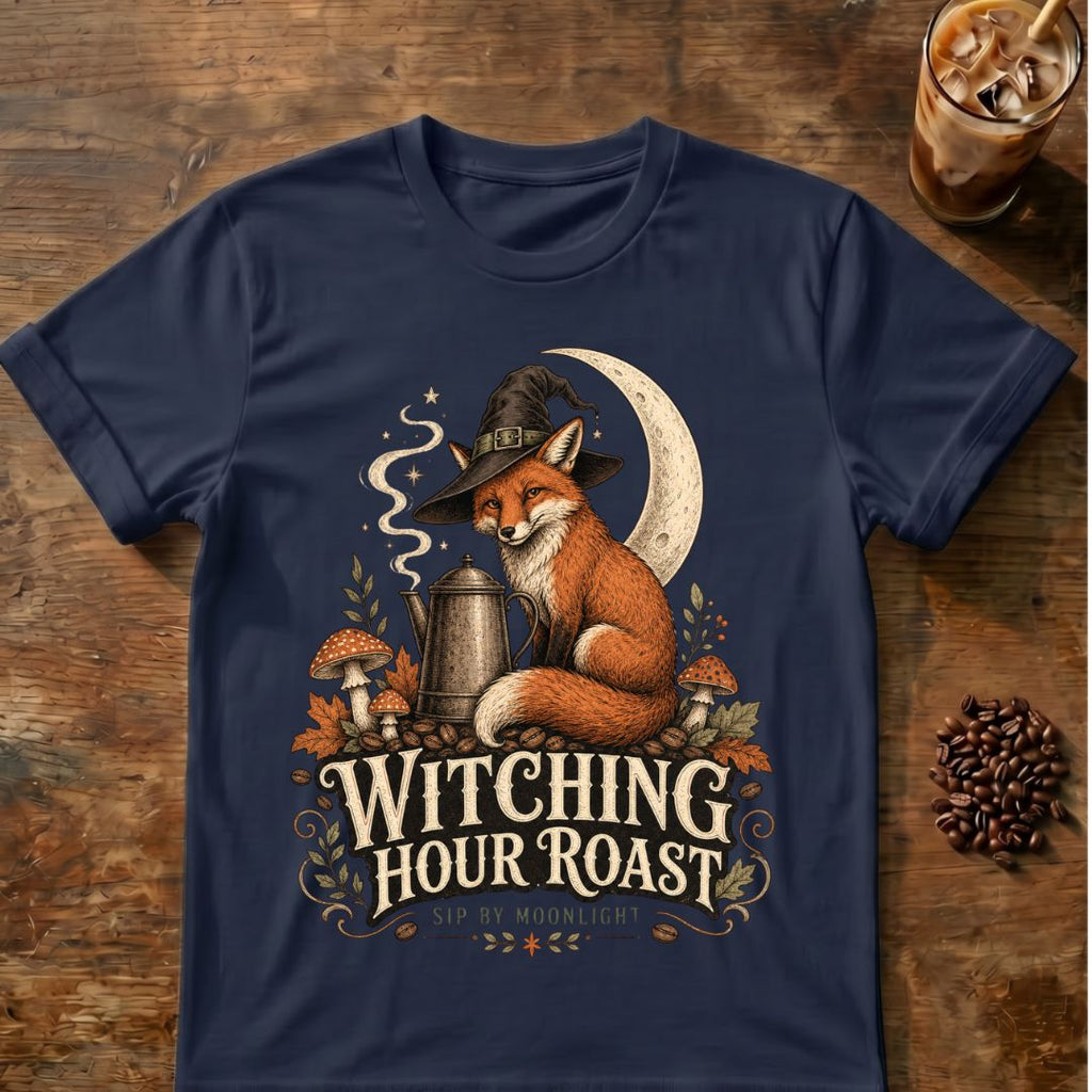 Fox coffee graphic for Witching Hour Roast Fox on navy T-shirt