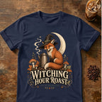 Fox coffee graphic for Witching Hour Roast Fox on navy T-shirt