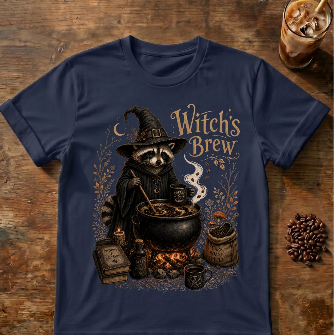 Raccoon coffee graphic for Witch's Brew Raccoon Coffee on navy T-shirt
