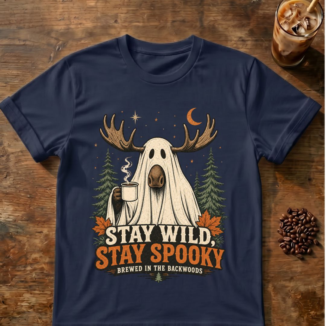 Moose coffee graphic for Stay Wild Stay Spooky Moose on navy T-shirt