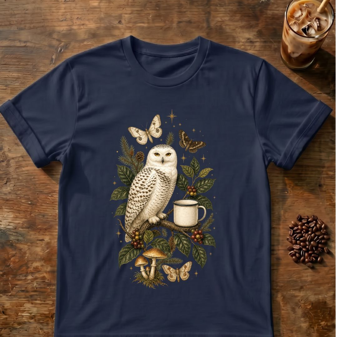 Butterfly coffee graphic for Snowy Owl Coffee Botanical on navy T-shirt