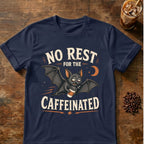 Bat coffee graphic for No Rest Bat on navy T-shirt