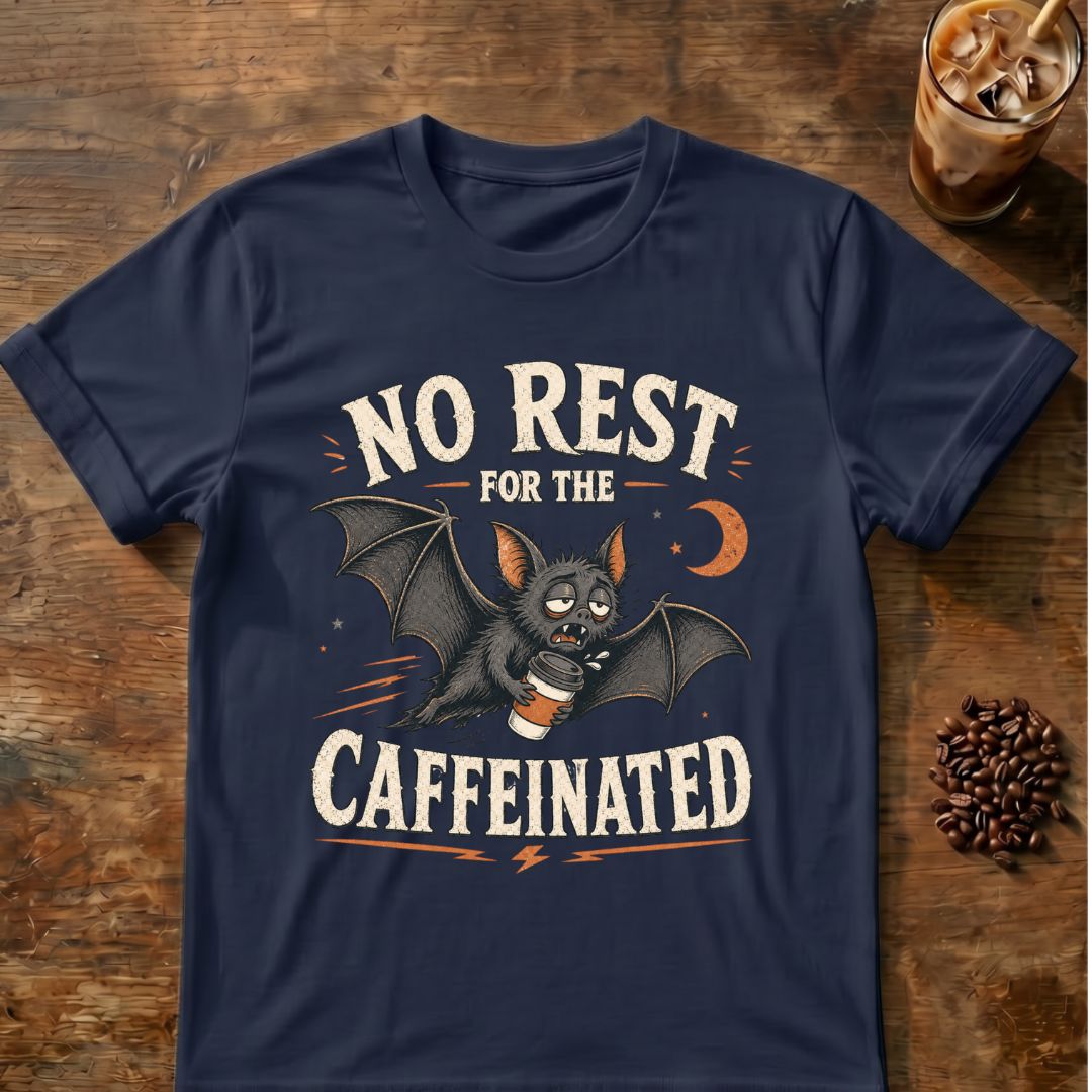 Bat coffee graphic for No Rest Bat on navy T-shirt