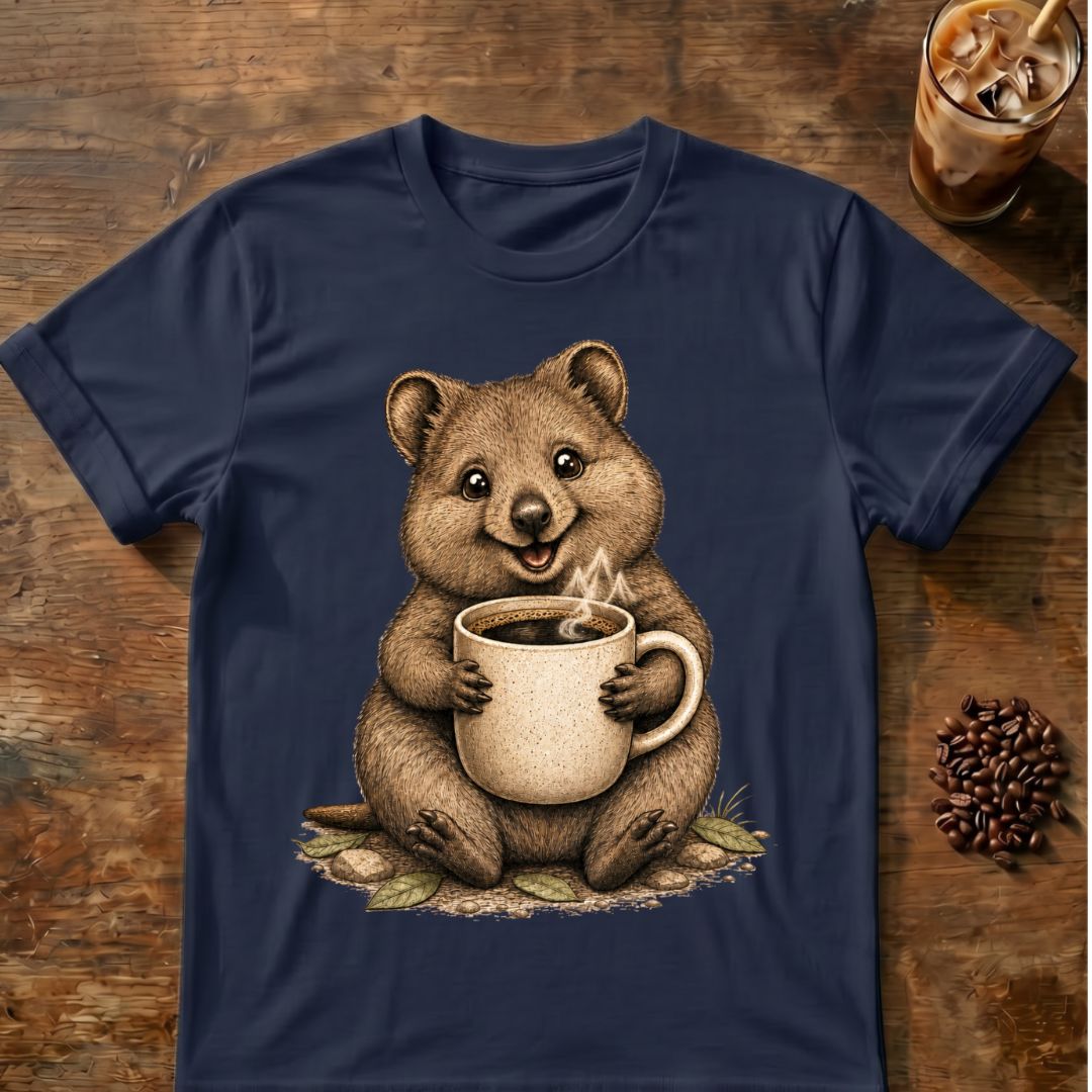 Quokka coffee graphic on a Navy T-shirt