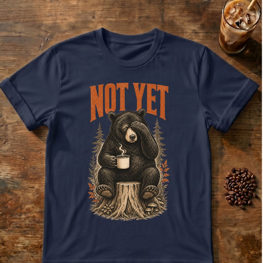 Bear coffee graphic for Not Yet Bear on navy T-shirt