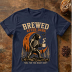 Bear coffee graphic for Brewed After Dark Bear Halloween on navy T-shirt