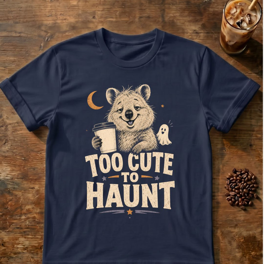 Quokka coffee graphic for Too Cute to Haunt Quokka on navy T-shirt