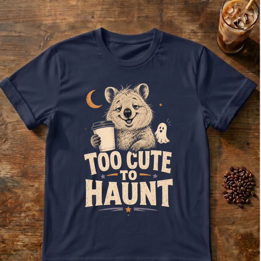 Quokka coffee graphic for Too Cute to Haunt Quokka on navy T-shirt