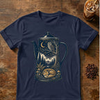 Owl coffee graphic for Moonlit Woodland Coffee Pot on navy T-shirt