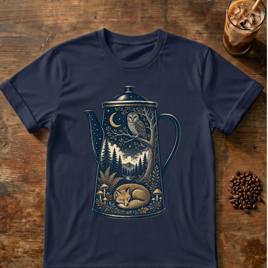 Owl coffee graphic for Moonlit Woodland Coffee Pot on navy T-shirt