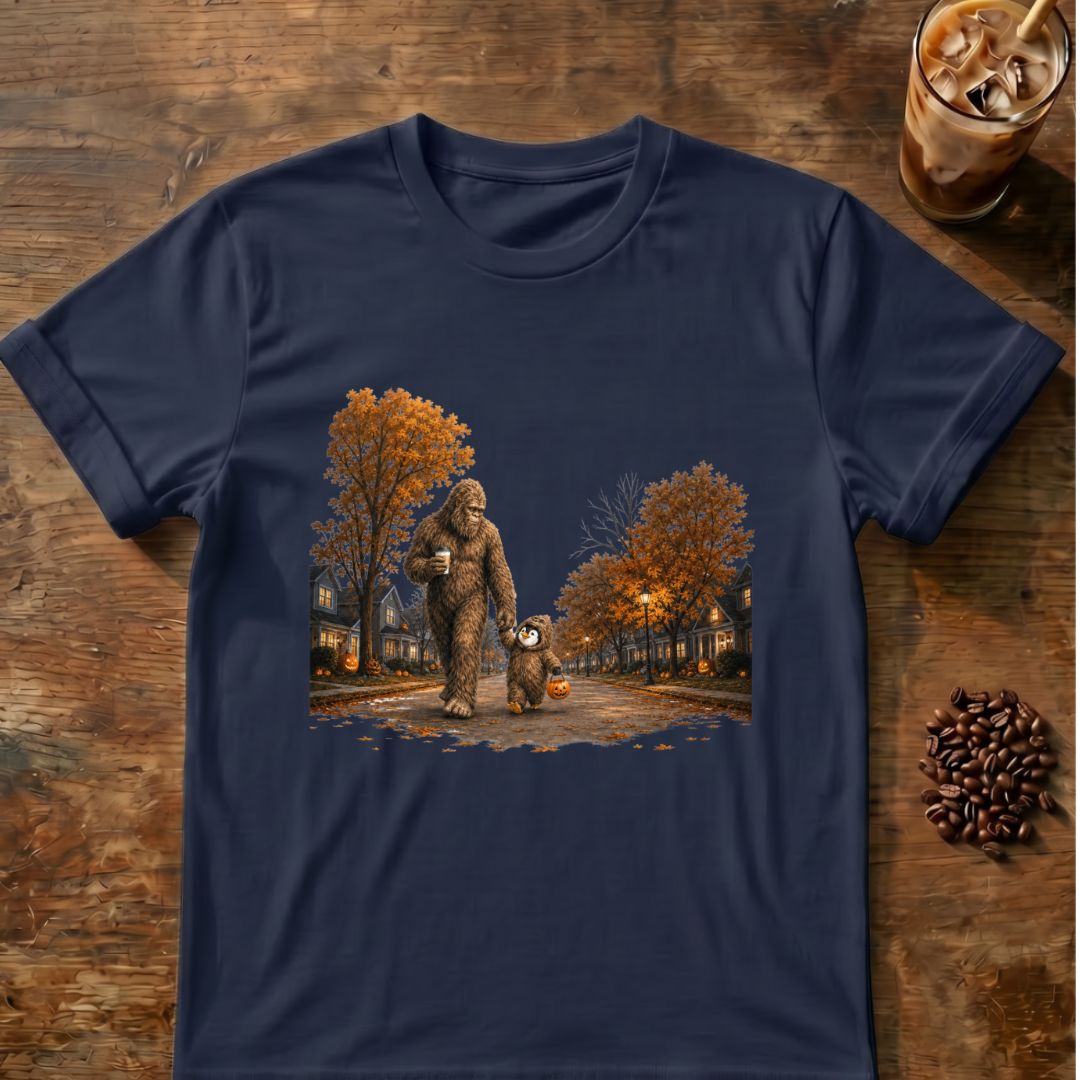 Coffee graphic for Bigfoot Trick-or-Treat Halloween on navy T-shirt