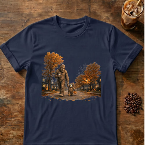 Coffee graphic for Bigfoot Trick-or-Treat Halloween on navy T-shirt