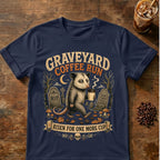 Opossum coffee graphic for Graveyard Coffee Run Opossum on navy T-shirt
