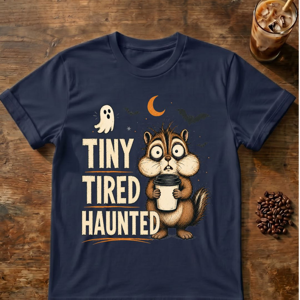 Chipmunk coffee graphic for Tiny Tired Haunted Chipmunk on navy T-shirt