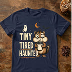 Chipmunk coffee graphic for Tiny Tired Haunted Chipmunk on navy T-shirt