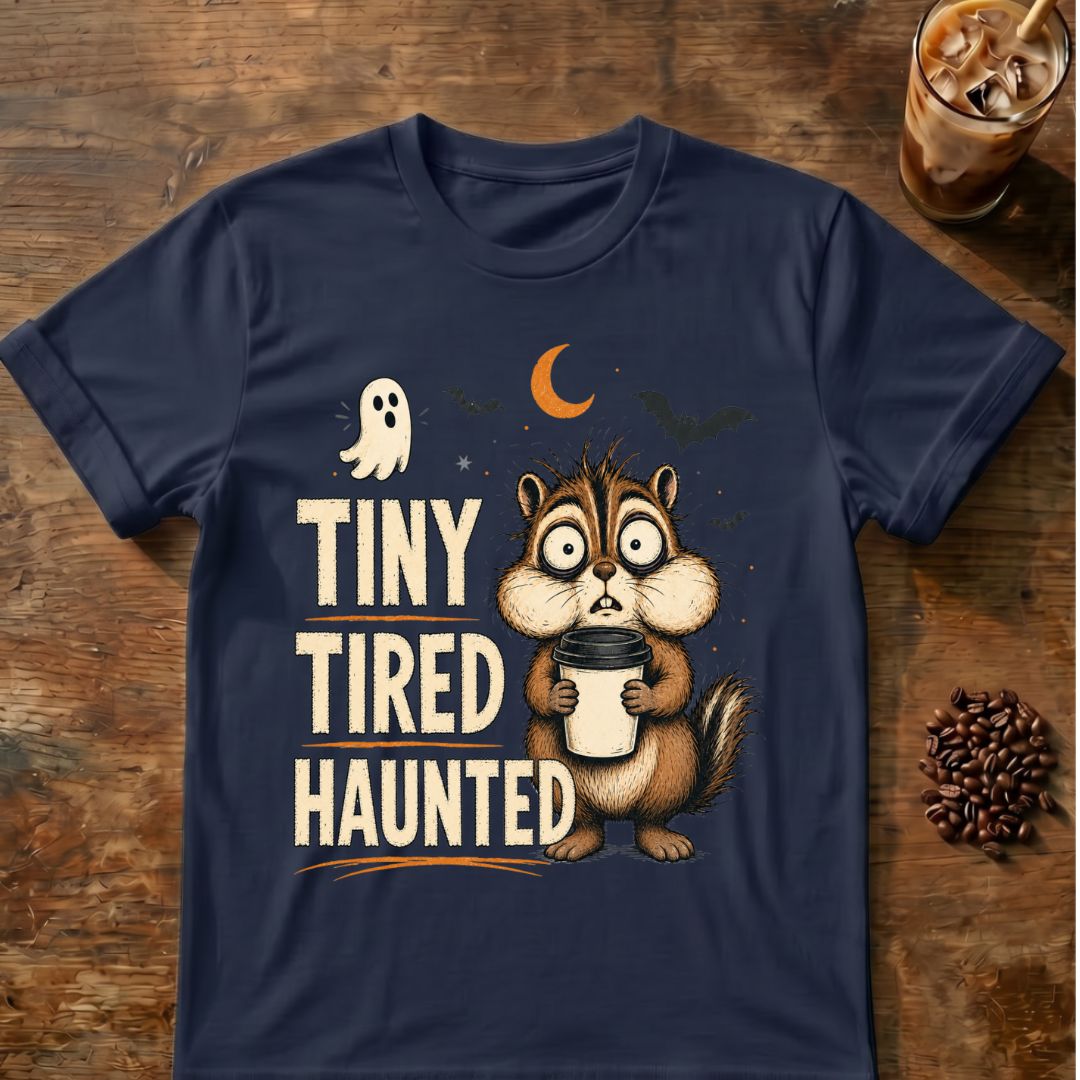 Chipmunk coffee graphic for Tiny Tired Haunted Chipmunk on navy T-shirt