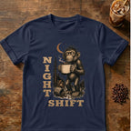 Monkey coffee graphic for Night Shift Monkey on navy T-shirt