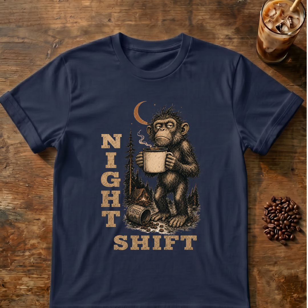 Monkey coffee graphic for Night Shift Monkey on navy T-shirt
