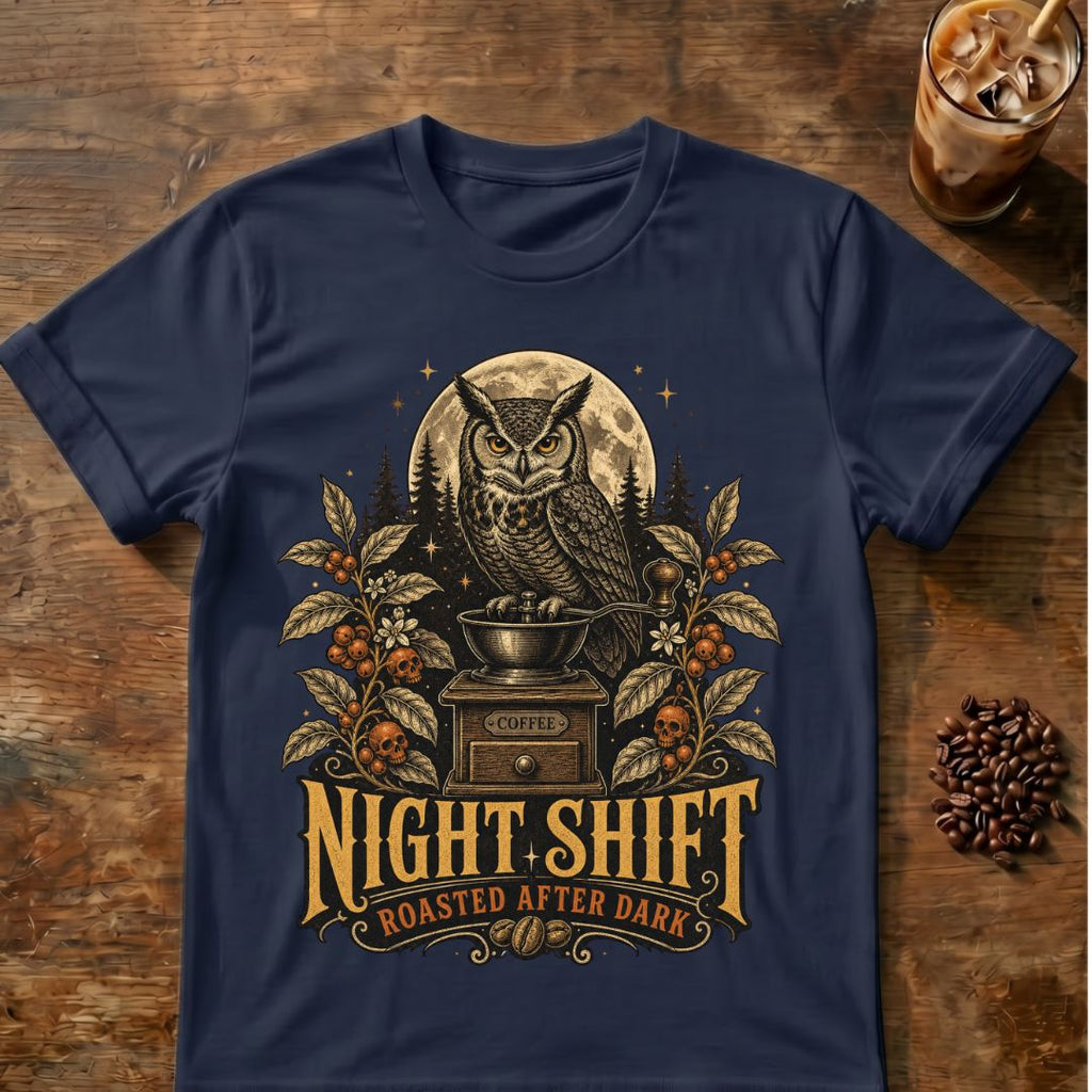 Owl perched above vintage coffee grinder beneath full moon with “Night Shift Roasted After Dark” text