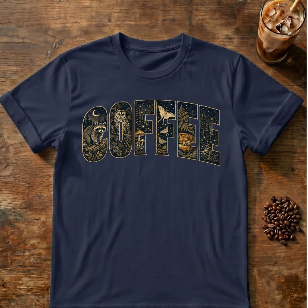 Raccoon coffee graphic for Woodland Coffee Typography on navy T-shirt
