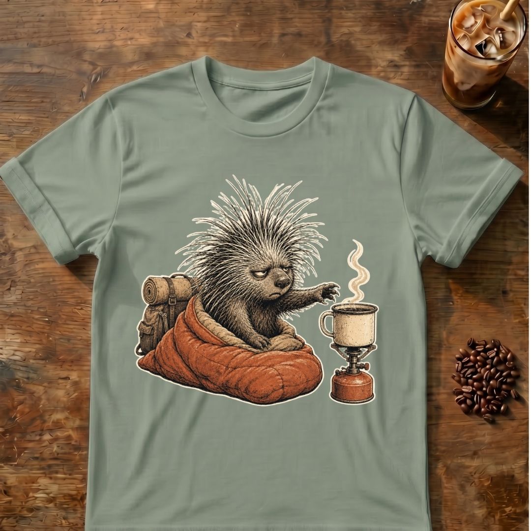 Porcupine coffee graphic for Barely Awake on sage T-shirt