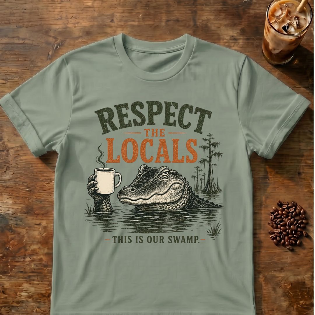 Coffee graphic for Respect the Locals Alligator on sage T-shirt