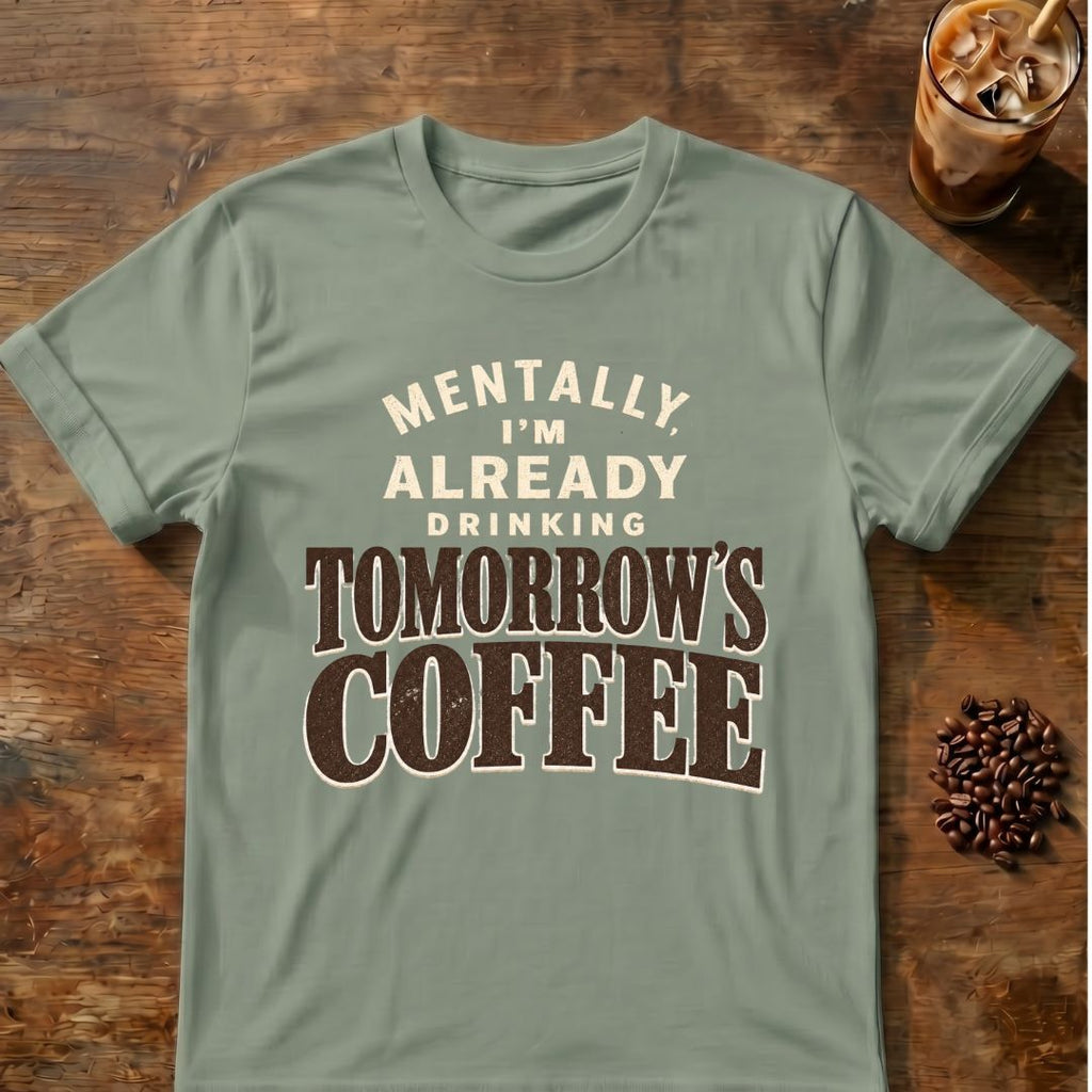 Distressed cream and brown typography reading “Mentally, I’m Already Drinking Tomorrow’s Coffee”