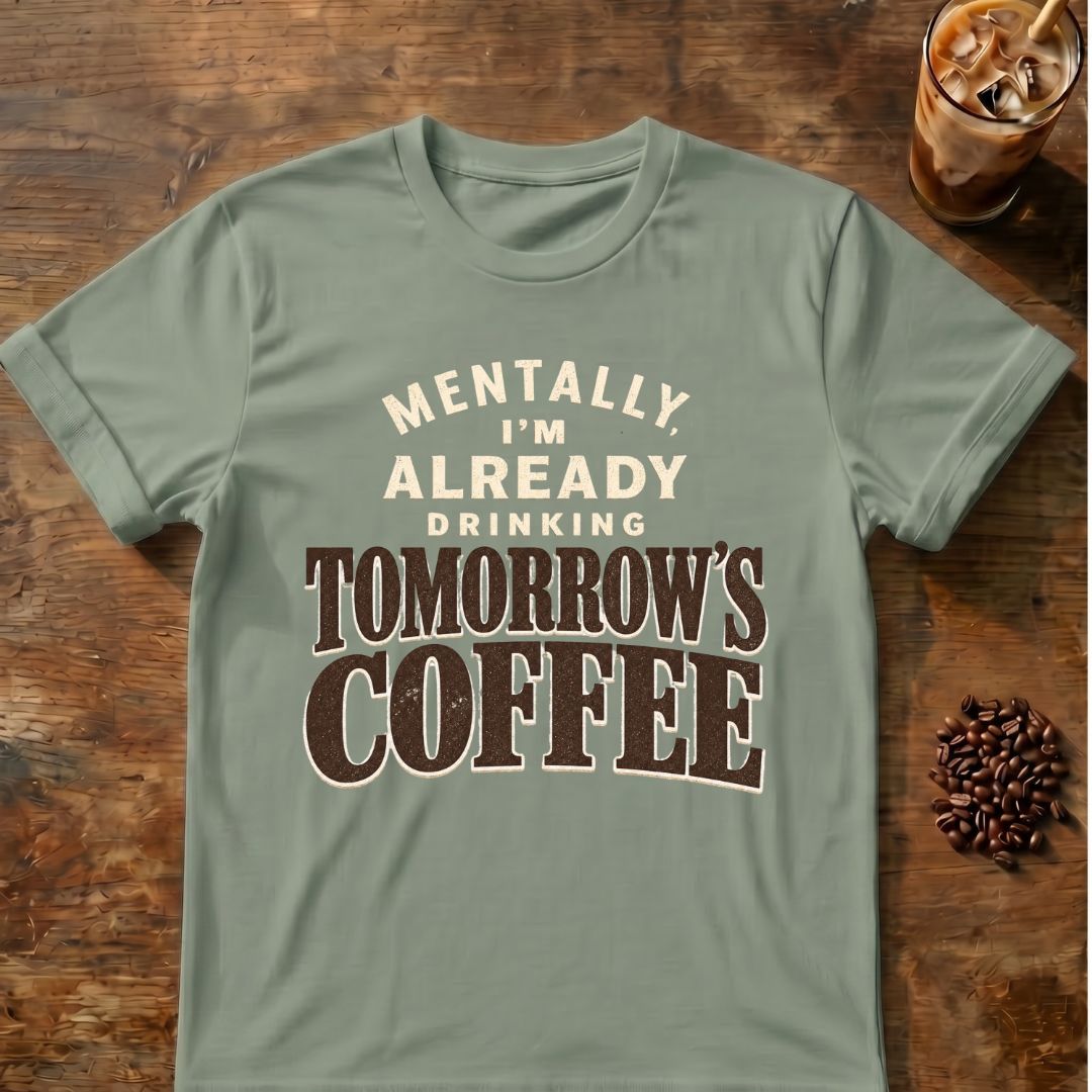 Distressed cream and brown typography reading “Mentally, I’m Already Drinking Tomorrow’s Coffee”