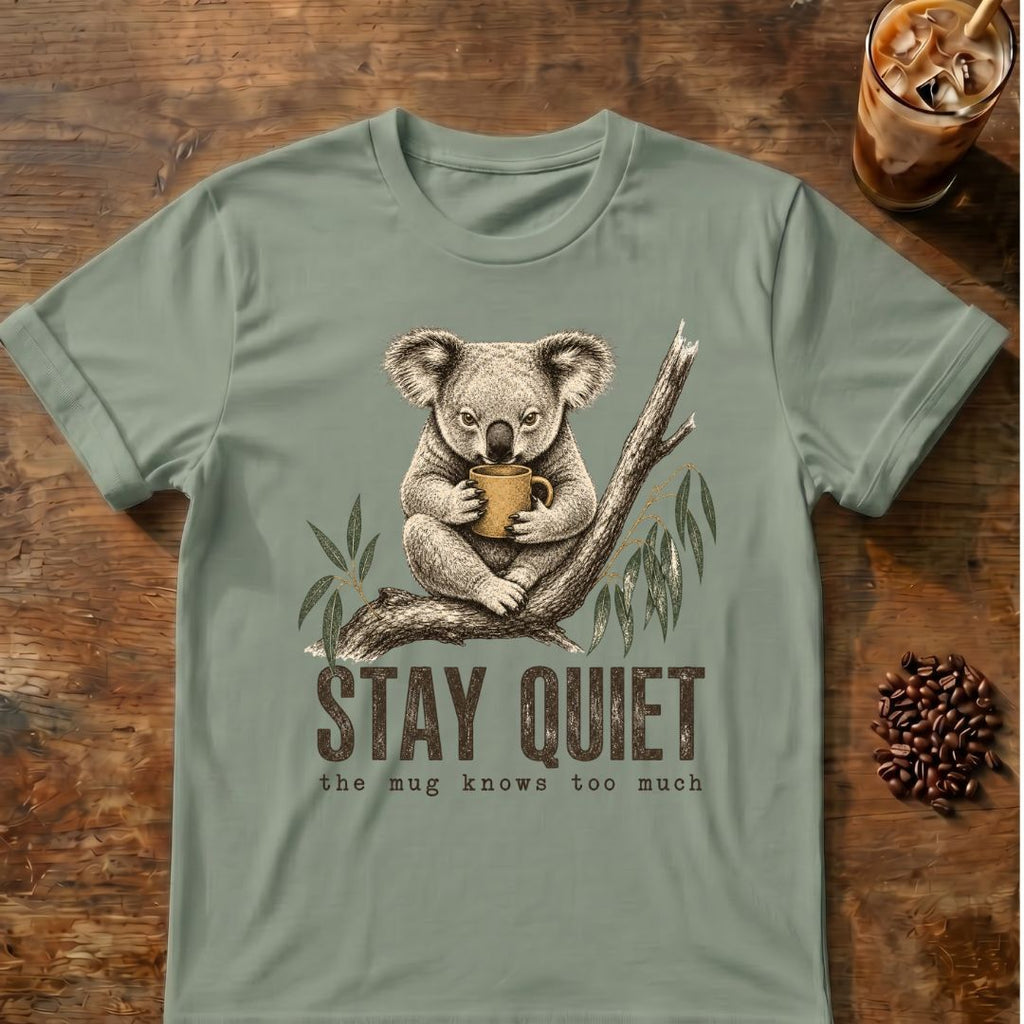 A sage green graphic t-shirt featuring a vintage-style illustration of a koala holding a mug on a branch, with the text 'STAY QUIET' and 'the mug knows too much'. The t-shirt is displayed flat on a rustic wooden table with coffee beans and an iced coffee in the background.