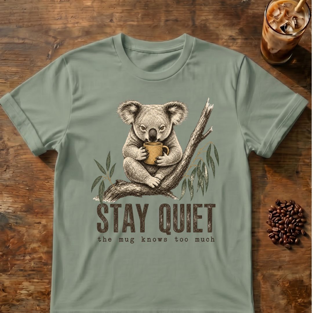 A sage green graphic t-shirt featuring a vintage-style illustration of a koala holding a mug on a branch, with the text 'STAY QUIET' and 'the mug knows too much'. The t-shirt is displayed flat on a rustic wooden table with coffee beans and an iced coffee in the background.