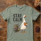 Goose coffee graphic for Stay Calm Goose on sage T-shirt