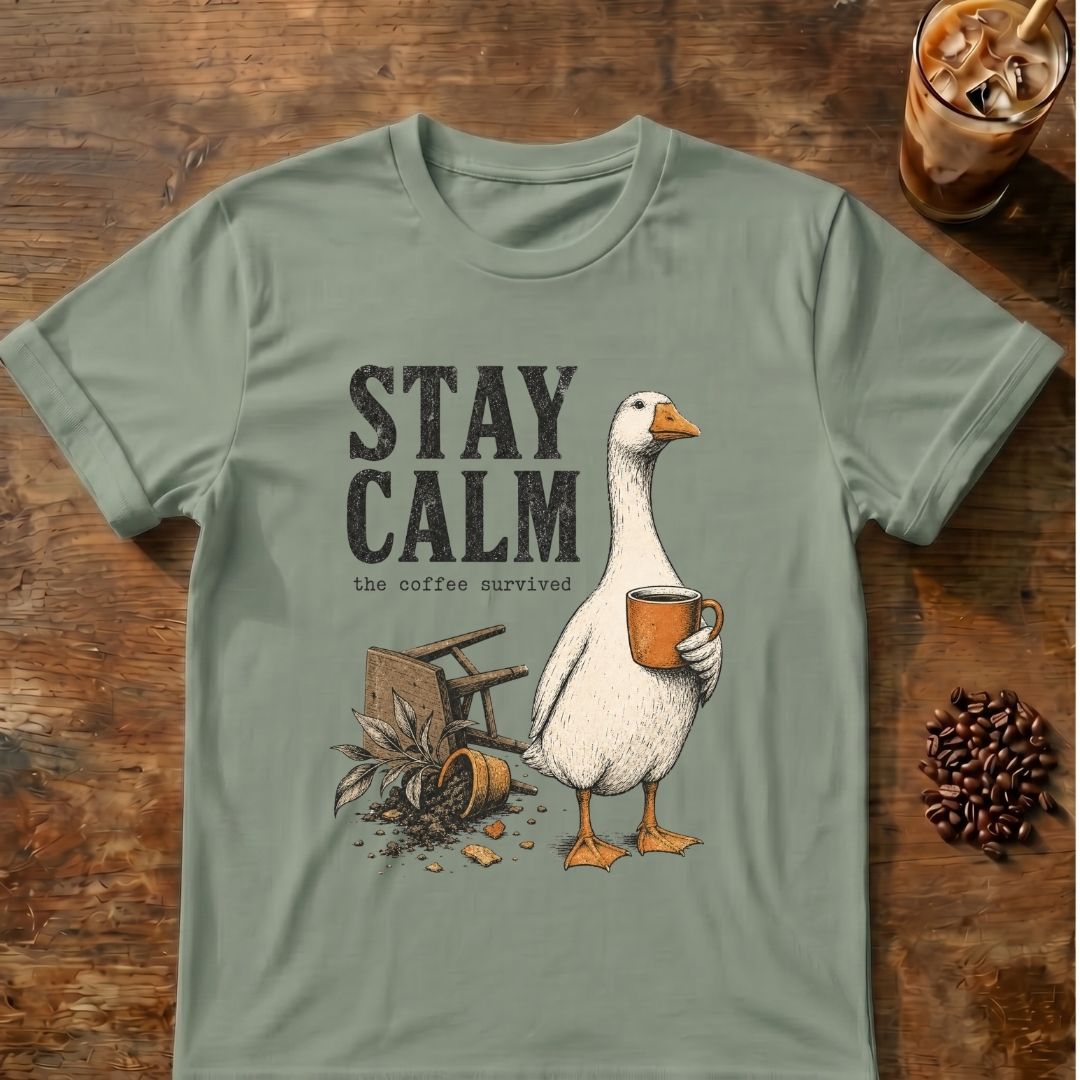 Goose coffee graphic for Stay Calm Goose on sage T-shirt
