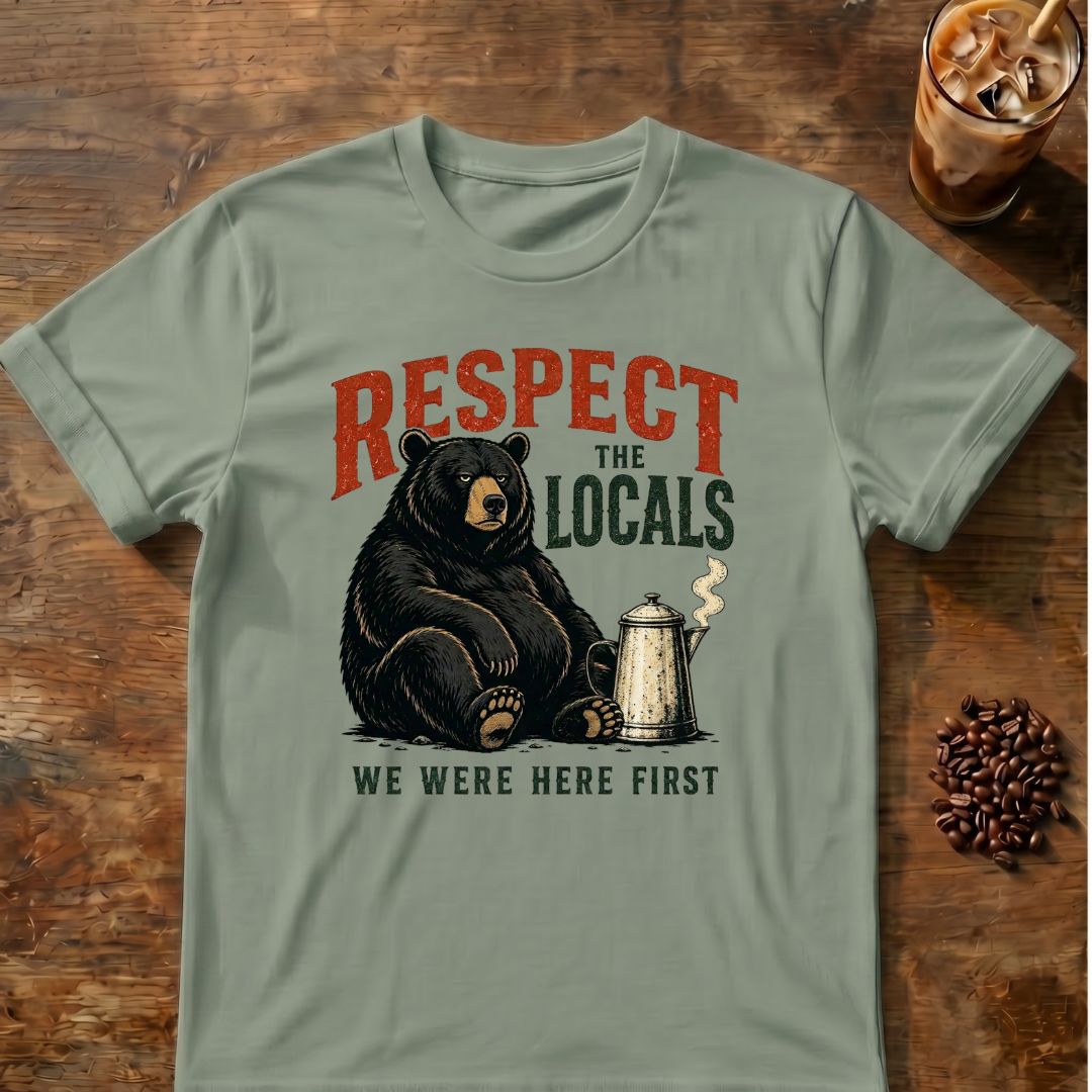 Bear coffee graphic for Respect the Locals Bear on sage T-shirt