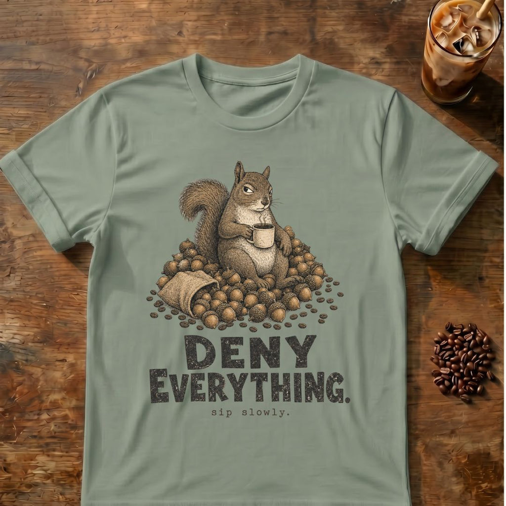 Squirrel coffee graphic for Deny Everything Squirrel on sage T-shirt