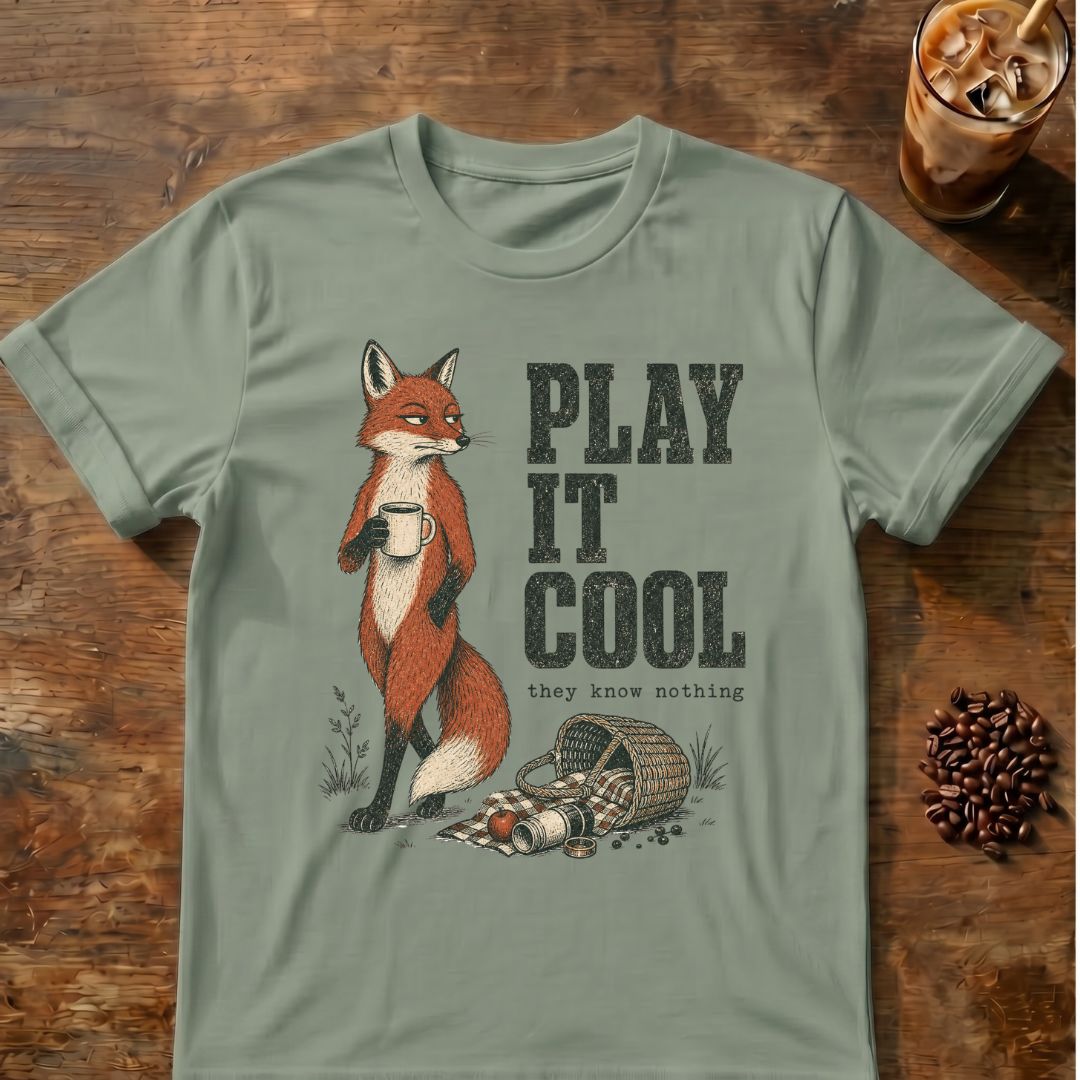 Fox coffee graphic for Play It Cool Fox on sage T-shirt