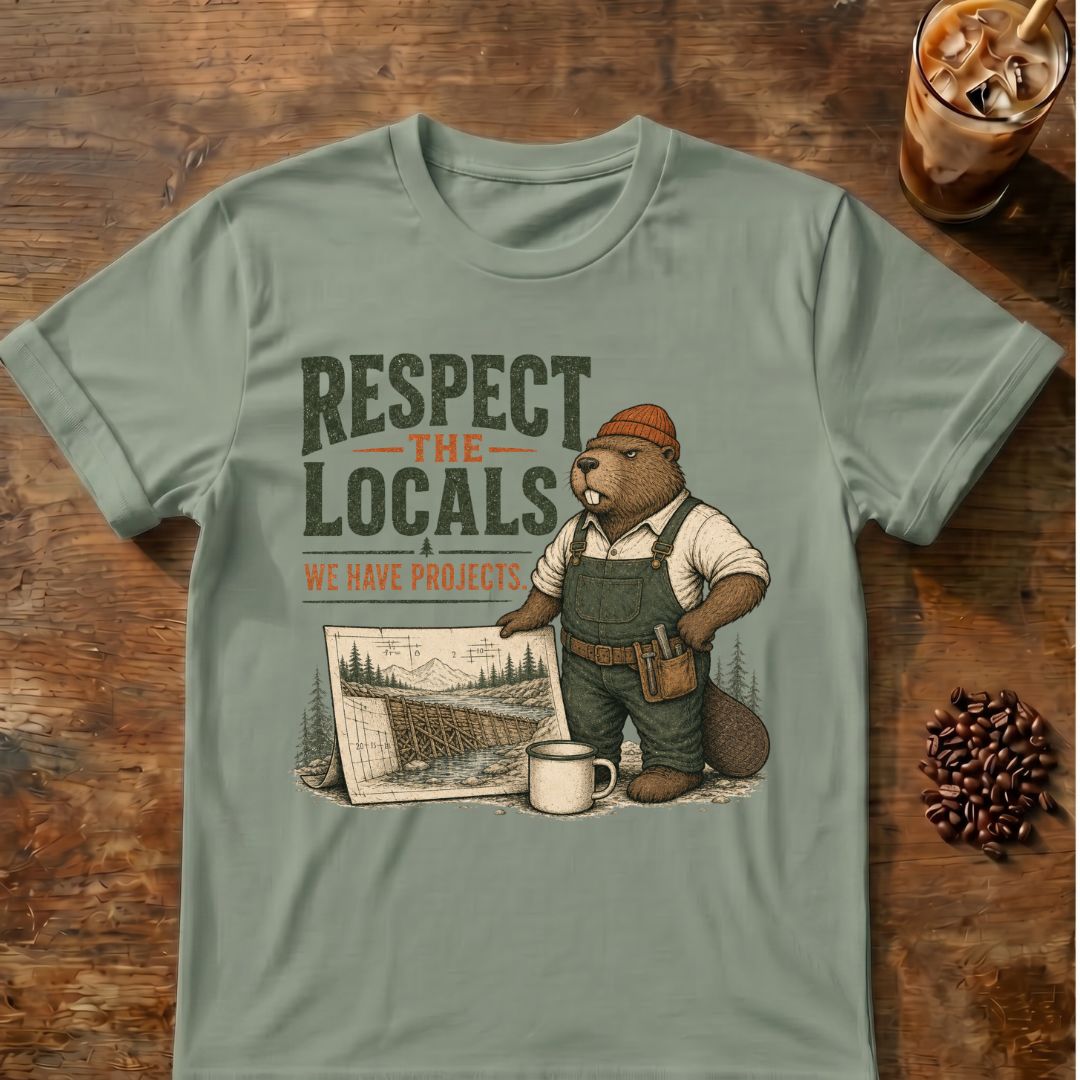 Beaver coffee graphic for Respect the Locals Beaver on sage T-shirt