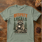Raccoon coffee graphic for Respect the Locals Raccoon on sage T-shirt