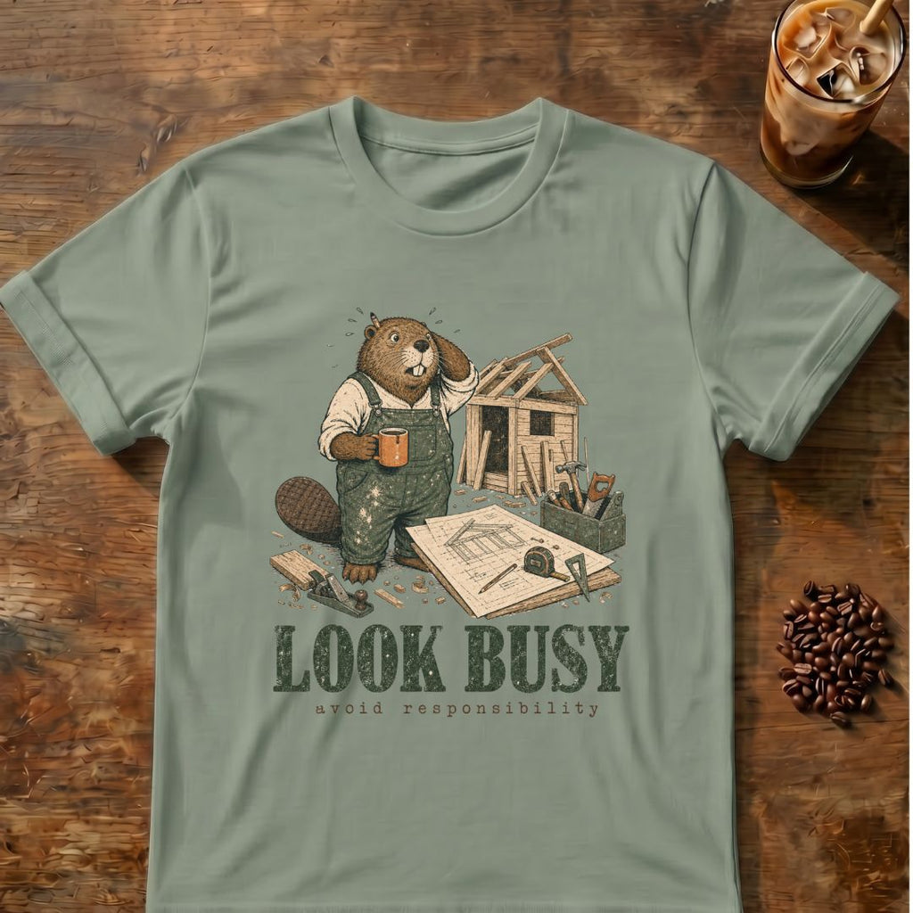 Beaver coffee graphic for Look Busy Beaver on sage T-shirt