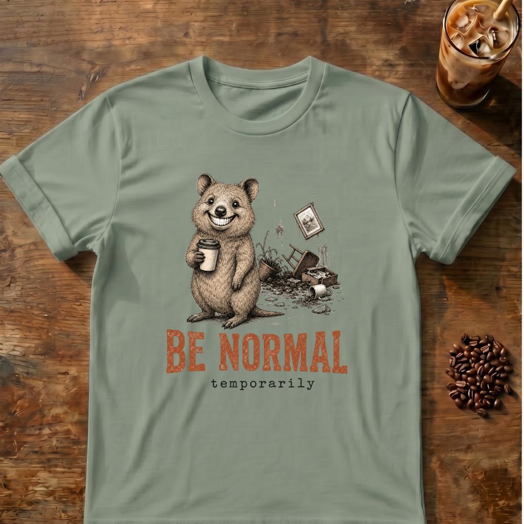 Quokka coffee graphic for Be Normal Quokka on sage T-shirt