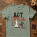 Weasel coffee graphic for Act Casual Weasel on sage T-shirt