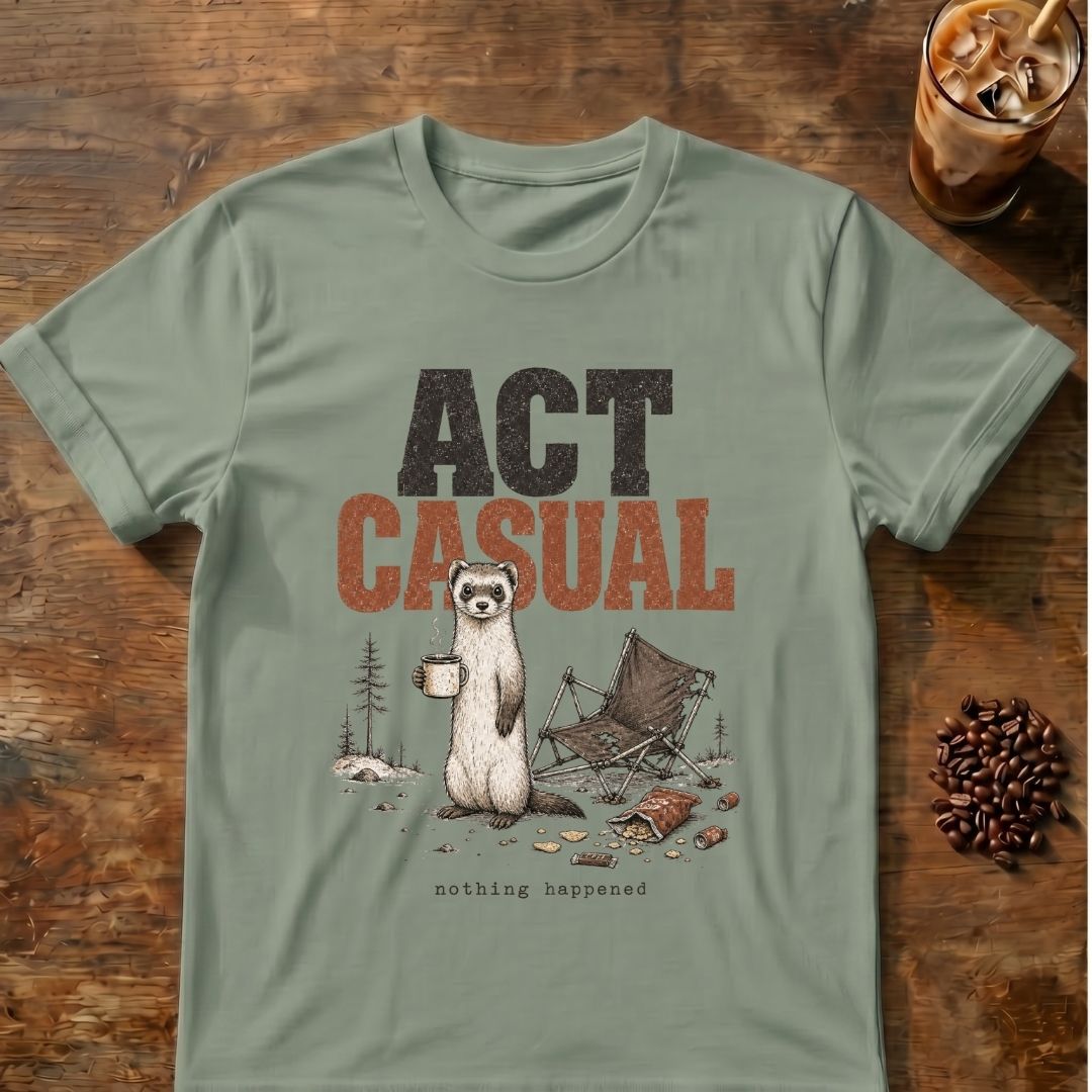 Weasel coffee graphic for Act Casual Weasel on sage T-shirt
