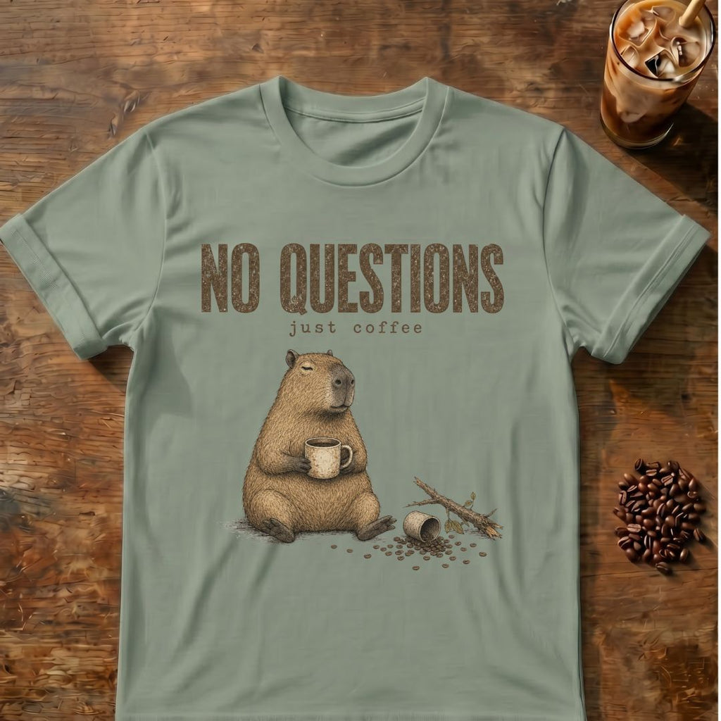 Capybara coffee graphic for No Questions Capybara on sage T-shirt