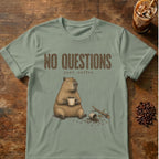 Capybara coffee graphic for No Questions Capybara on sage T-shirt