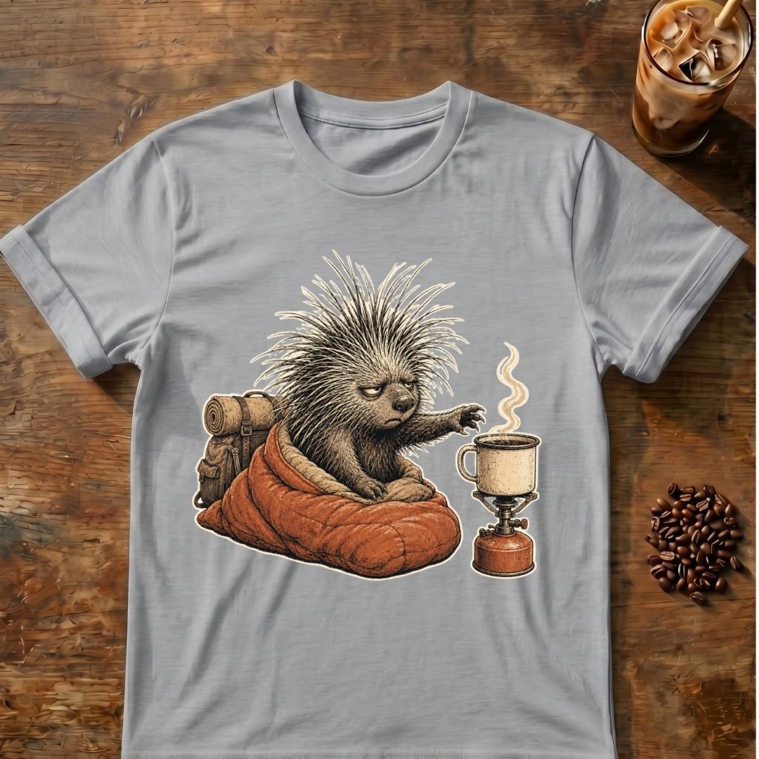 Porcupine coffee graphic for Barely Awake on sport-grey T-shirt